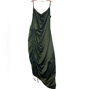 Marthea Olive Green Satin‎ Ruched Asymmetrical Slip Dress – Size M